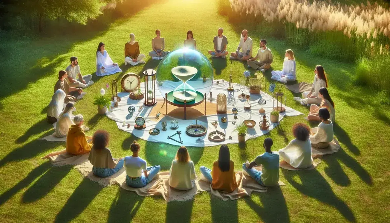 Grupo diverso de personas reflexionando en círculo al aire libre con esfera de vidrio, reloj de arena y brújula sobre tela blanca, en un entorno natural y soleado.