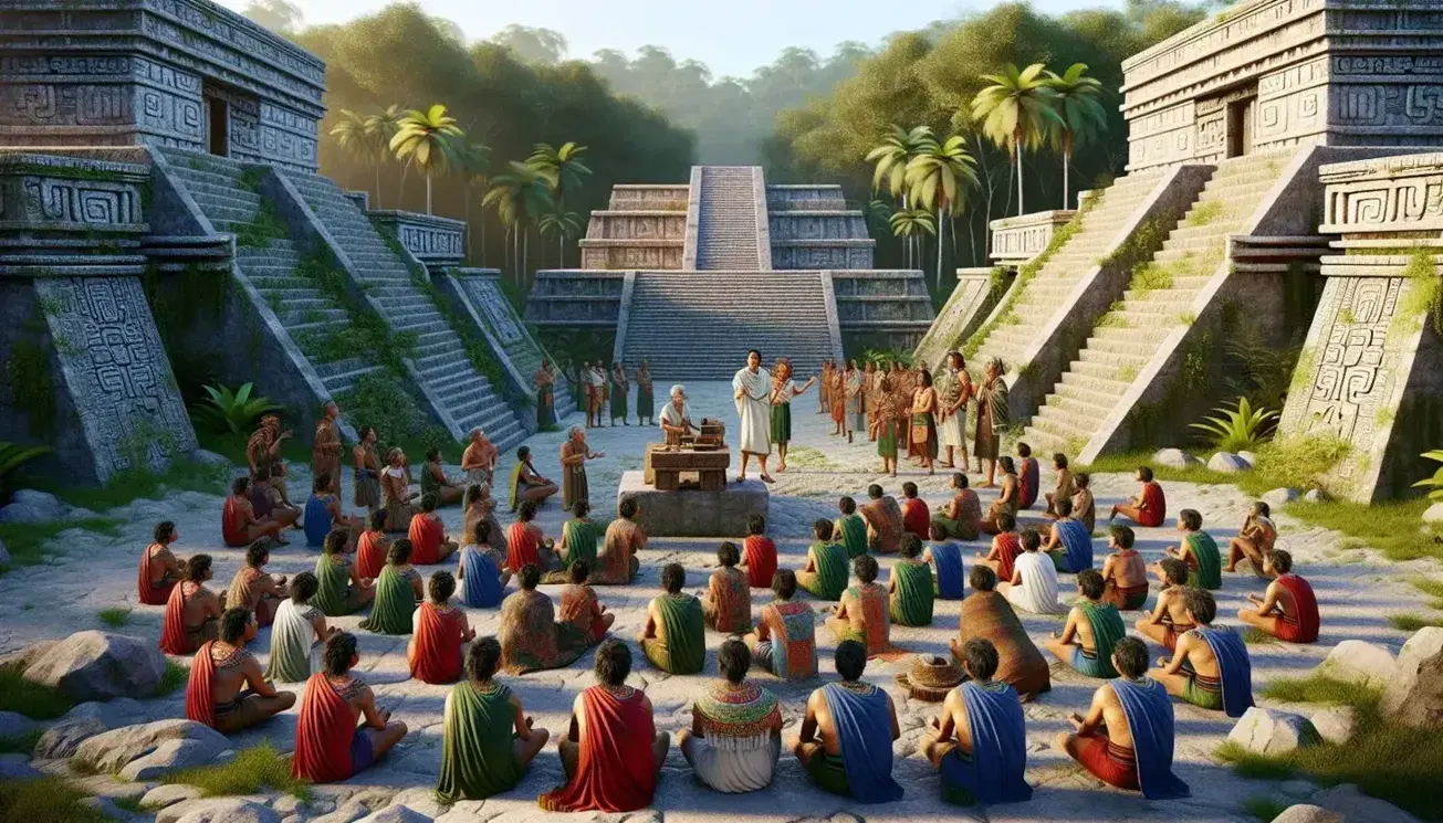 Recreación de una escuela maya antigua al aire libre con figuras vestidas de colores vivos alrededor de una estructura de piedra, con templos y vegetación tropical de fondo.