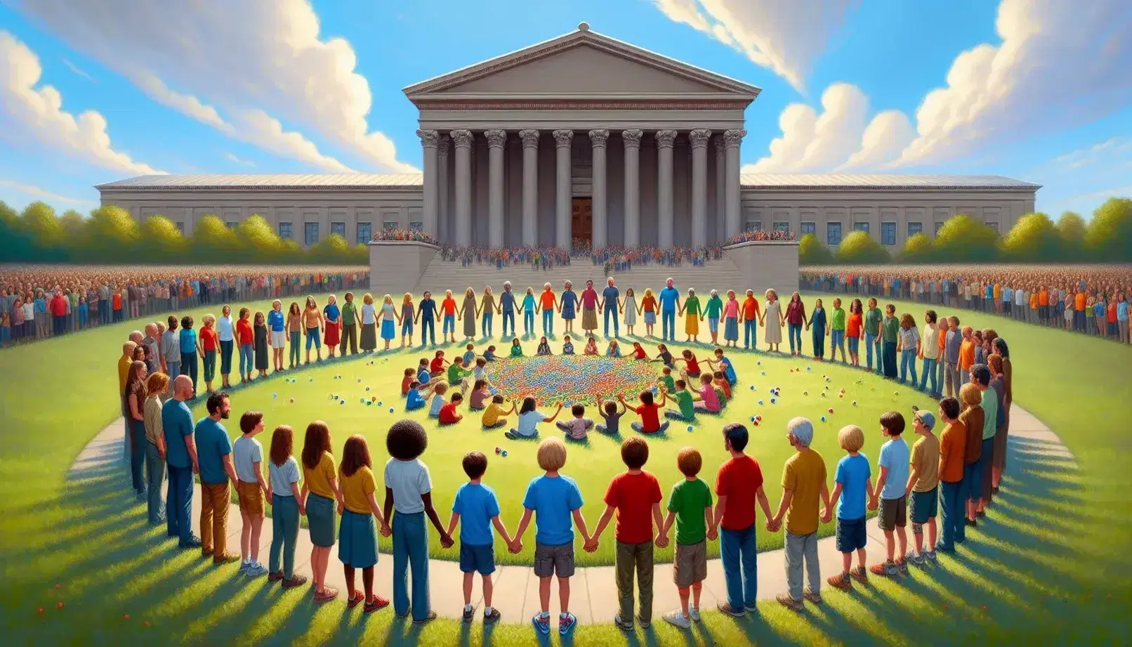 Gruppo multietnico di persone che si tengono per mano in cerchio, con bambini che giocano con biglie colorate su erba verde, edificio neoclassico sullo sfondo.
