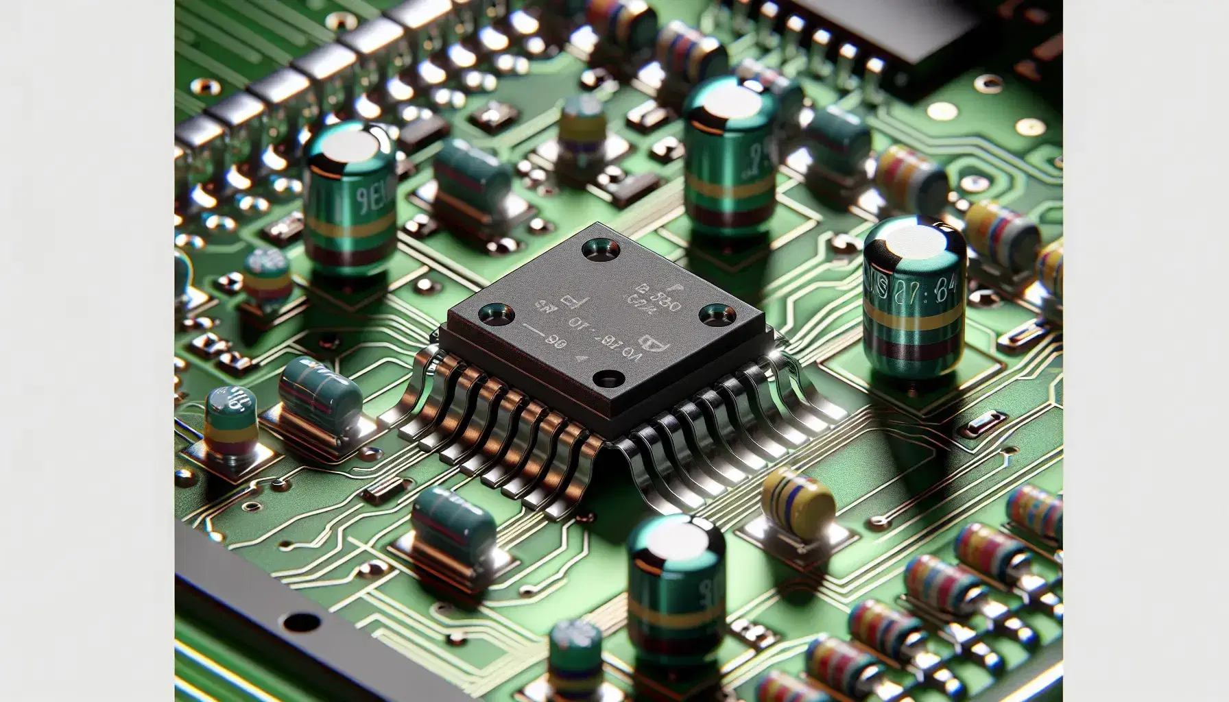 Close-up of an XOR integrated circuit on green PCB board with electronic components such as colored resistors and blue and yellow capacitors.