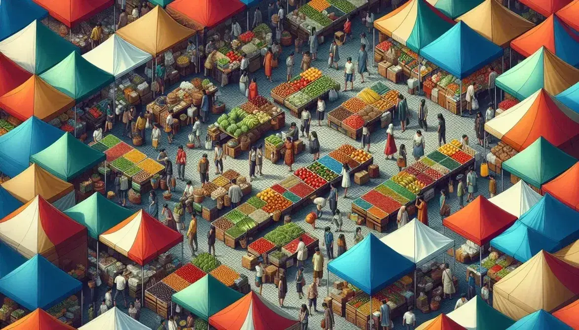 Vista aérea de mercado al aire libre con tiendas de colores, gente comprando productos frescos como frutas y verduras en un día soleado.