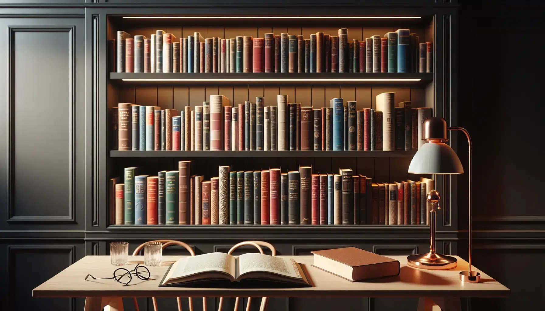 Estantería de madera oscura repleta de libros variados junto a mesa con libro abierto, gafas y lámpara suave, ambiente cálido para la lectura.