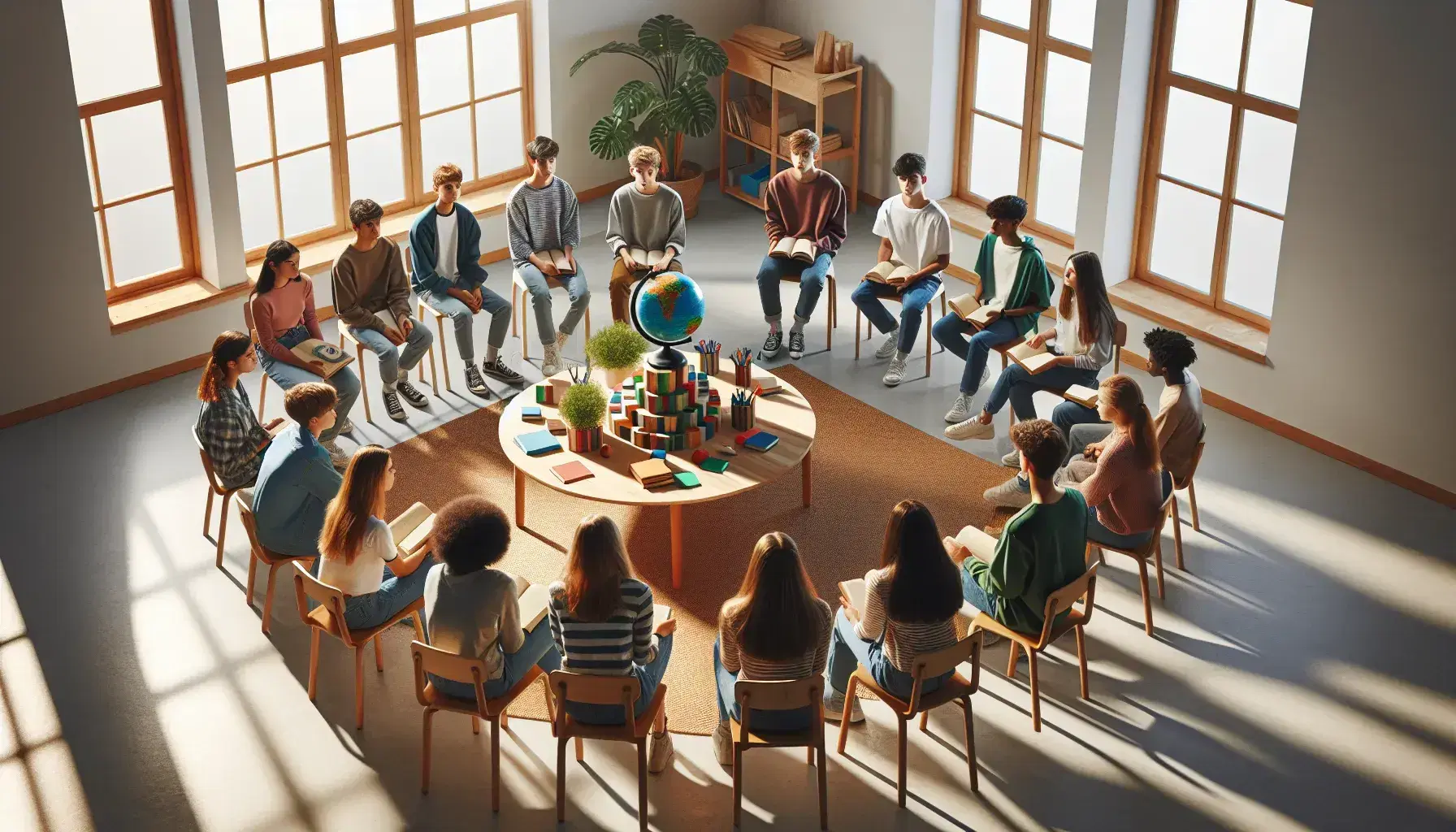 Grupo de estudiantes adolescentes diversos participando en una discusión en aula iluminada con luz natural, con una mesa que tiene una planta, un globo terráqueo y bloques de colores.