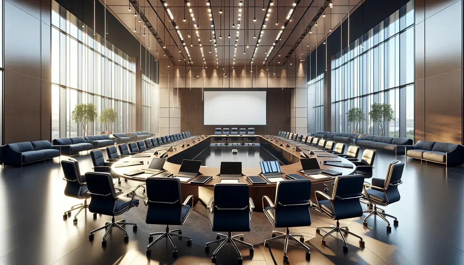 Sala de conferencias moderna con mesa redonda grande, sillas ergonómicas azules, portafolios de cuero y tabletas apagadas, iluminada por luces LED y ventanales panorámicos.