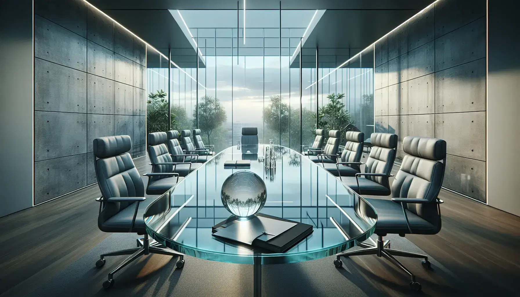 Modern boardroom with oval glass table, ergonomic gray chairs, and a person holding a glass sphere, with a backdrop of a window overlooking a serene sky and treetops.