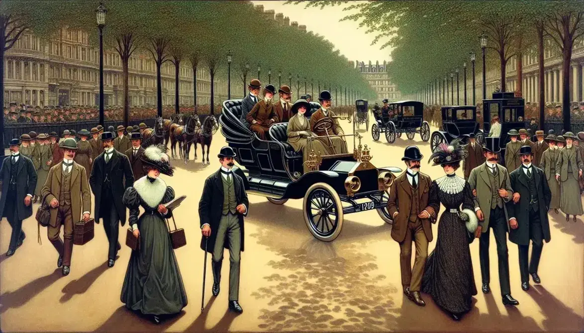 Edwardian street scene with elegantly dressed pedestrians, a vintage automobile alongside a horse-drawn carriage, and ornate buildings under a clear blue sky.