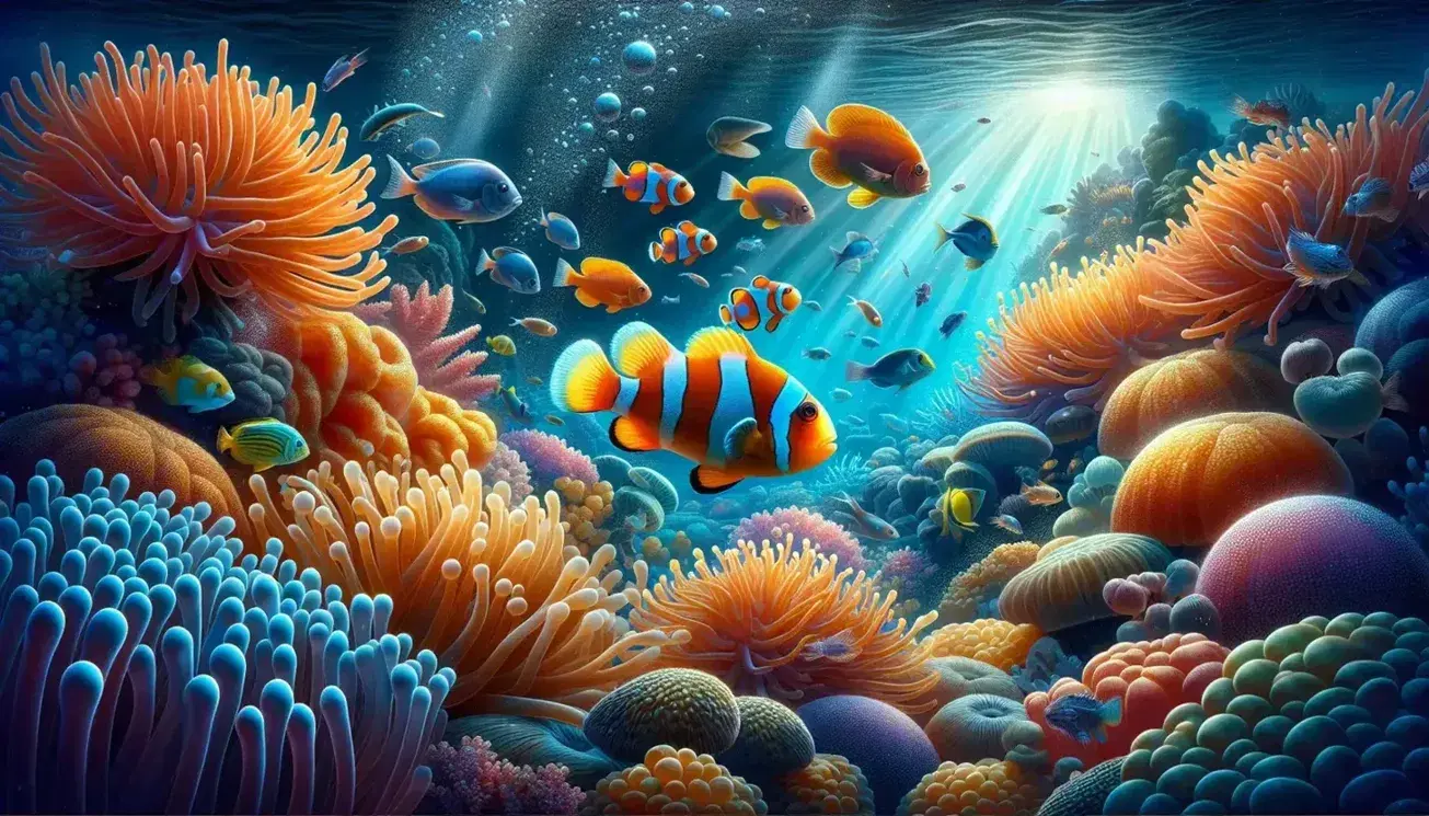 Pez payaso naranja con rayas blancas nadando entre anémonas coloridas en un arrecife coralino con peces azules, corales variados y cardumen de peces plateados.