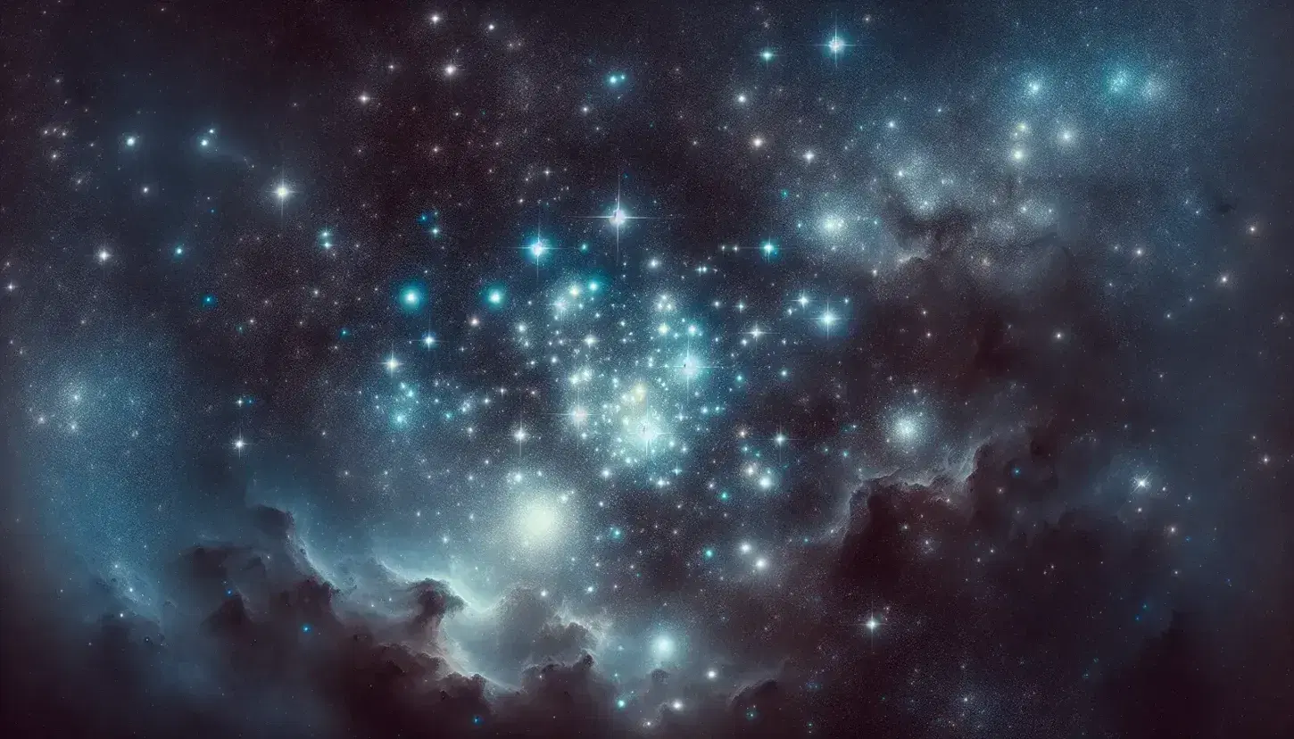Cielo notturno stellato con sfumature di blu e viola e un denso raggruppamento di stelle luminose al centro, evocando vastità e meraviglia cosmica.