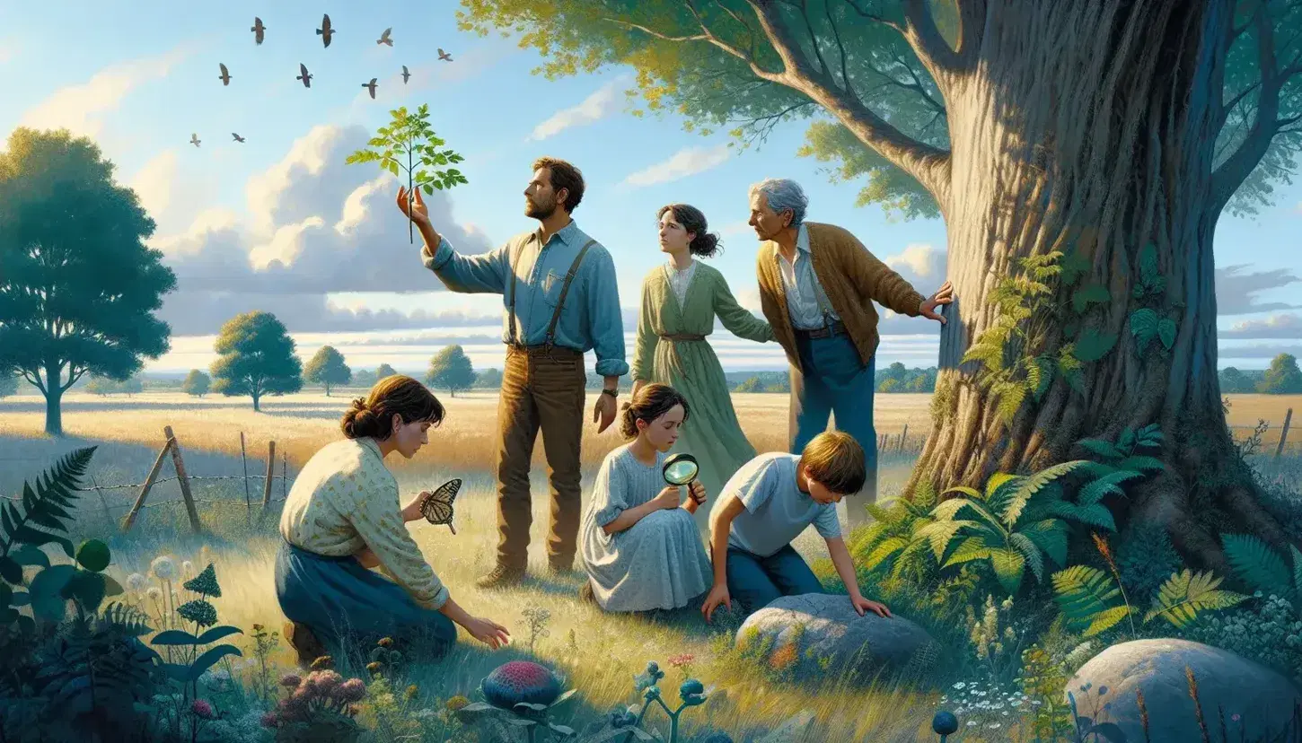 Grupo de cinco personas explorando la naturaleza, tocando un árbol, observando plantas, examinando rocas con lupa y mirando aves en un día soleado.