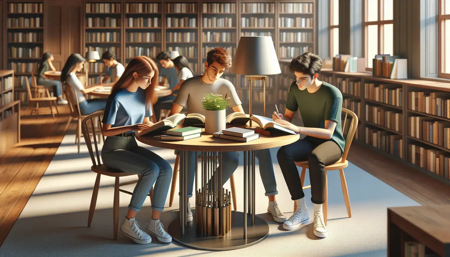 Estudiantes diversos concentrados estudiando en biblioteca con libros y lámpara, ambiente acogedor con luz natural y artificial.