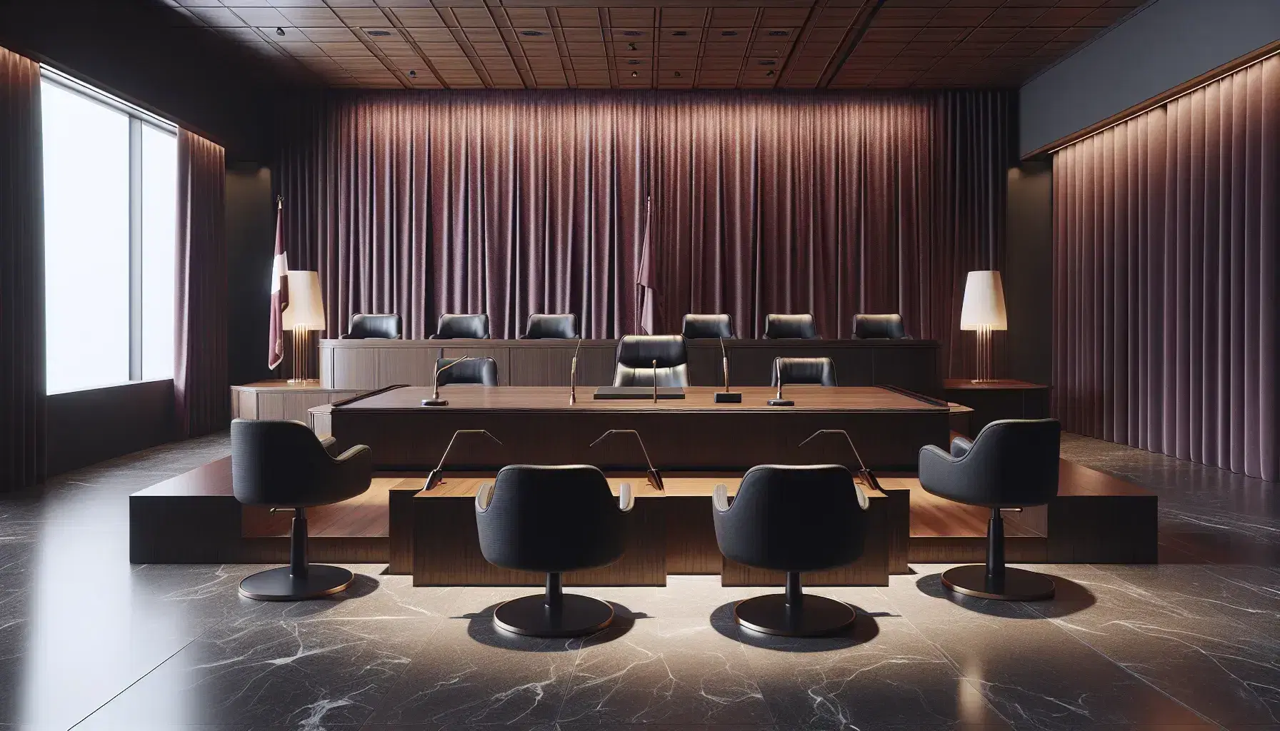 Escena de sala de juicio con mesa central larga y oscura, dos mesas menores con sillas negras, podio con micrófono y cortina borgoña al fondo.