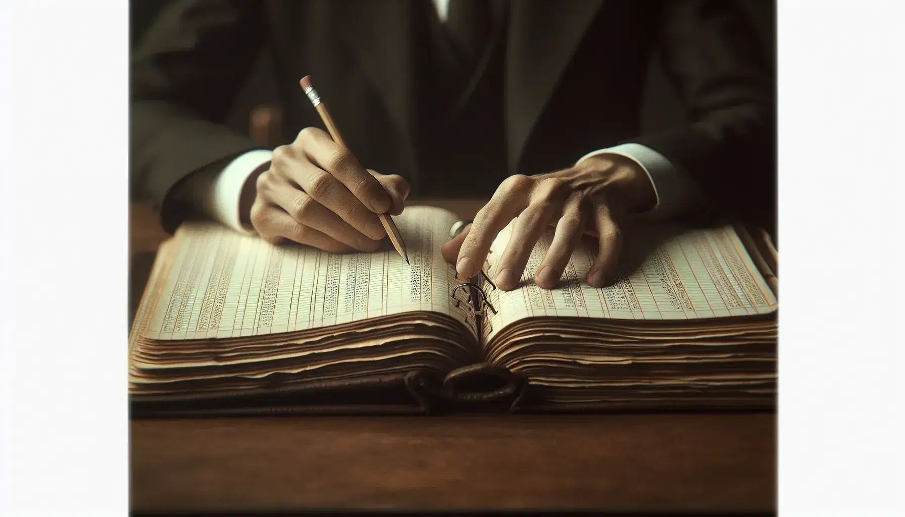 Close-up of hands holding a pencil over an open ledger book with blank entries, atop a stack of leather-bound ledgers on a wooden desk.