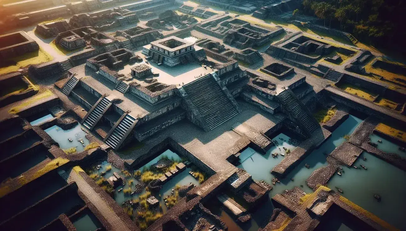 Vista aérea de las ruinas del Templo Mayor en Tenochtitlán, con escalinatas de piedra, vegetación dispersa y restos de canales, bajo un cielo parcialmente nublado.