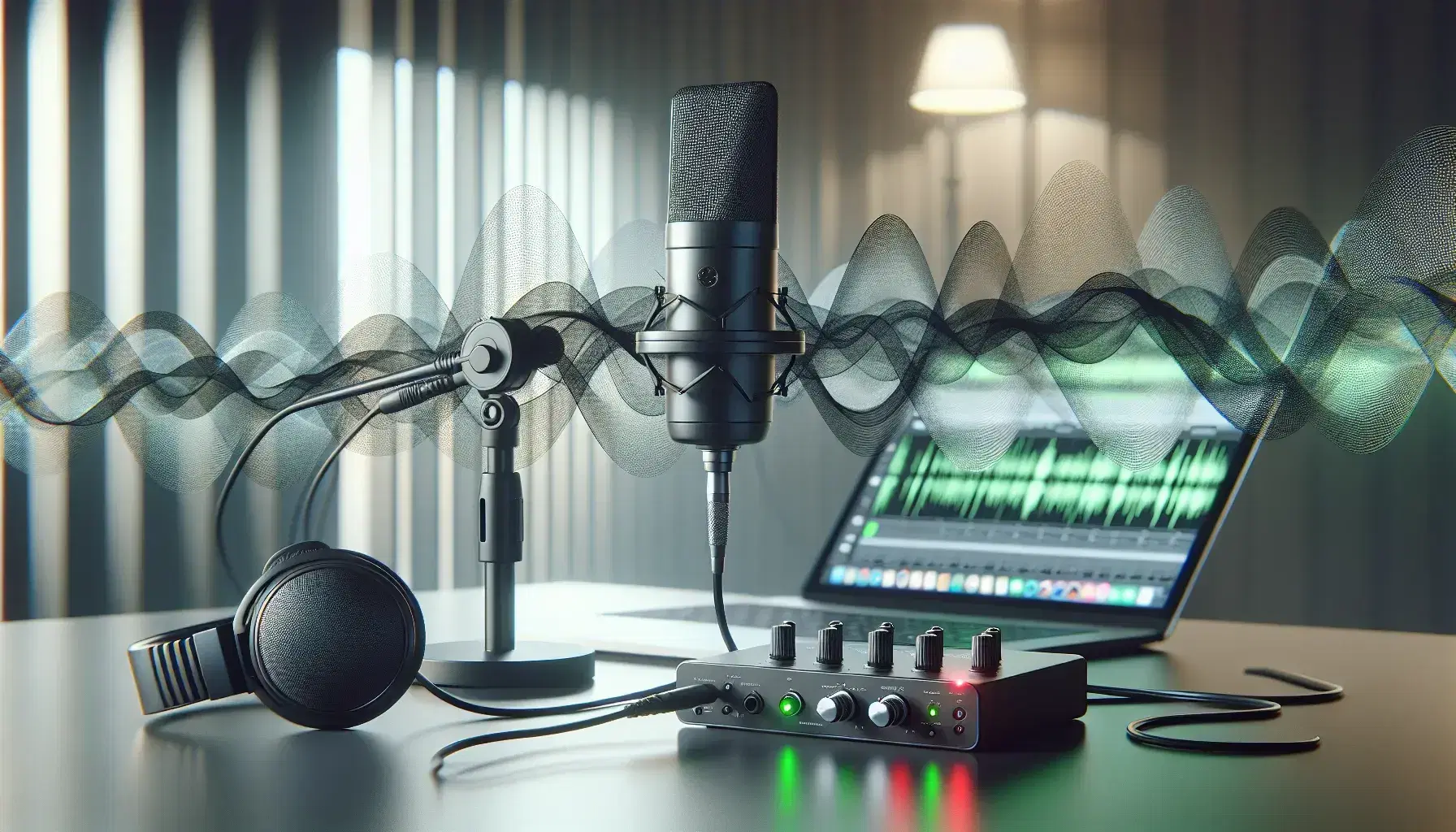 Microfono nero su stand regolabile cattura onde sonore, con laptop argento, interfaccia audio e cuffie in ambiente interno sfocato.