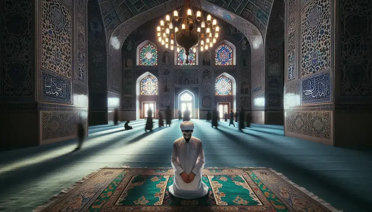 Uomo in preghiera su tappeto decorato in moschea con pareti ornate di piastrelle e lampadario metallico sospeso.