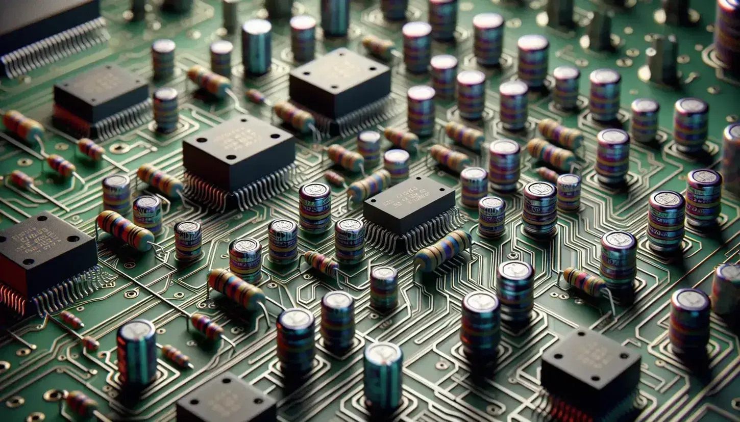 Close-up of a printed circuit board with electronic components such as resistors, capacitors and integrated circuits on a green background.
