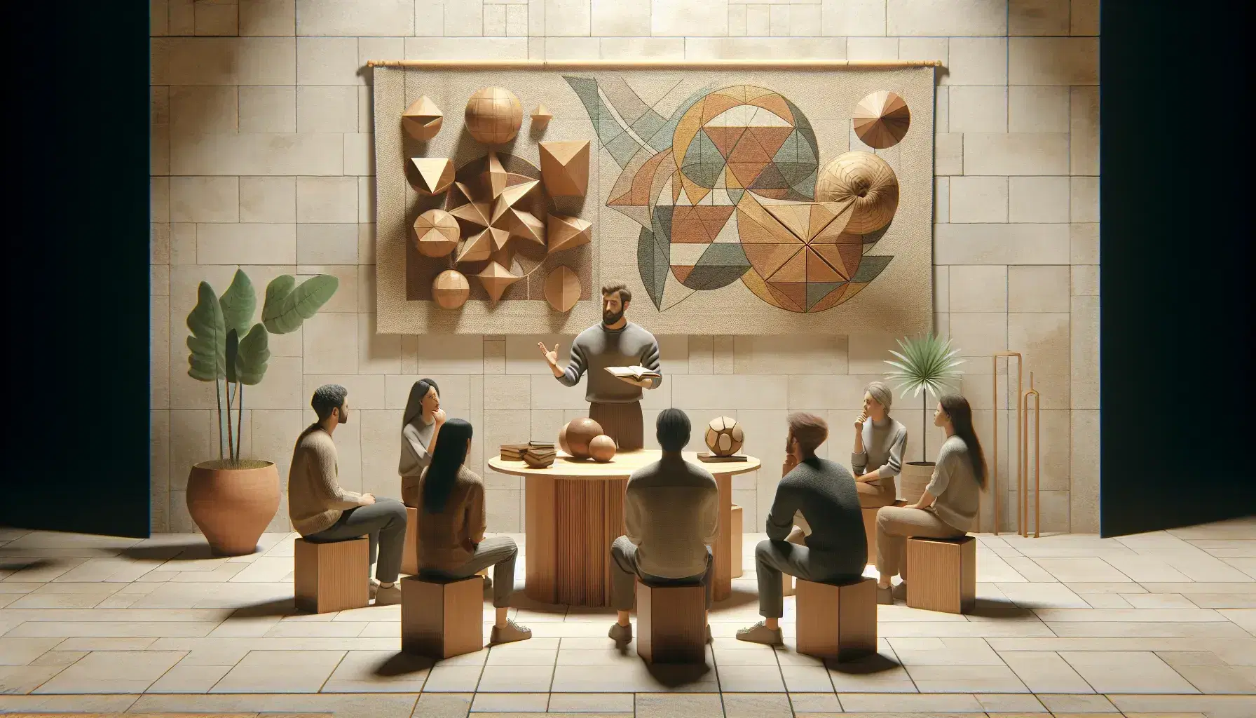 Grupo de cinco personas en semicírculo alrededor de un líder de pie que gesticula, con figuras geométricas de madera en una mesa y tapiz geométrico en la pared.