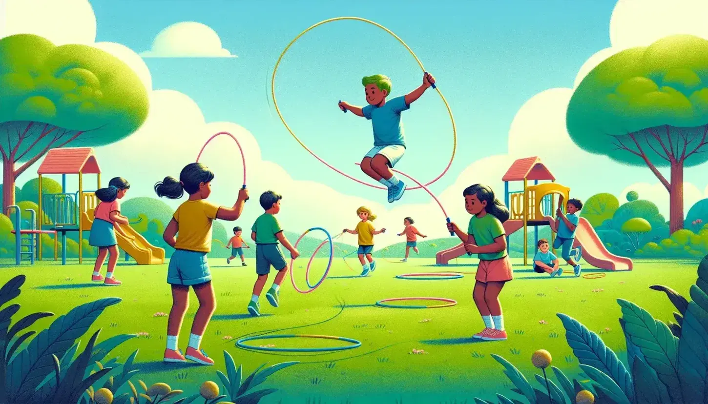 Bambini di diverse etnie giocano in un parco: salto alla corda, hula hoop e bilanciamento su tronco, sotto un cielo azzurro.
