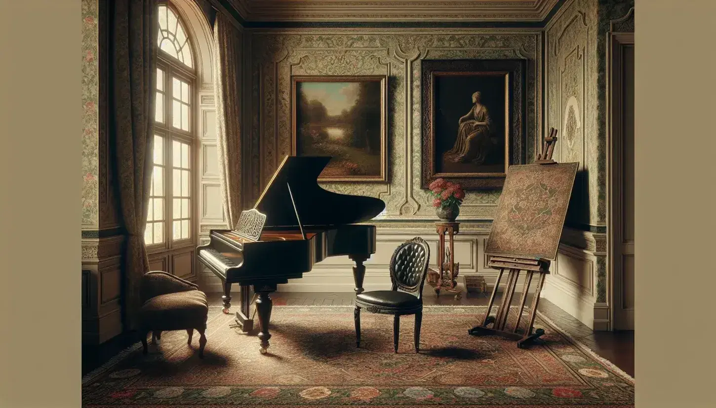 Salotto vintage con pianoforte a coda nero, poltrona in velluto rosso, tappeto persiano e cavalletto con tela incompleta.