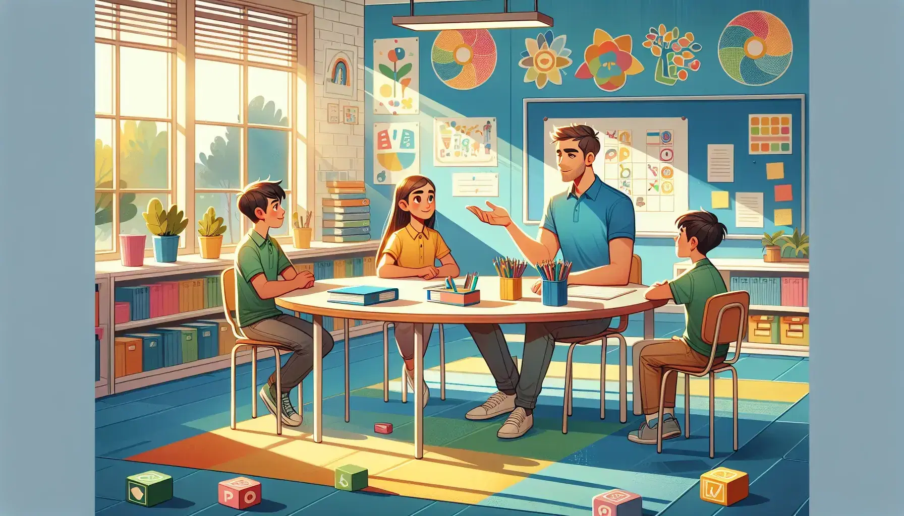 Aula colorata con insegnante di sostegno e tre studenti attorno a un tavolo rotondo con materiali didattici, illuminata da una grande finestra.