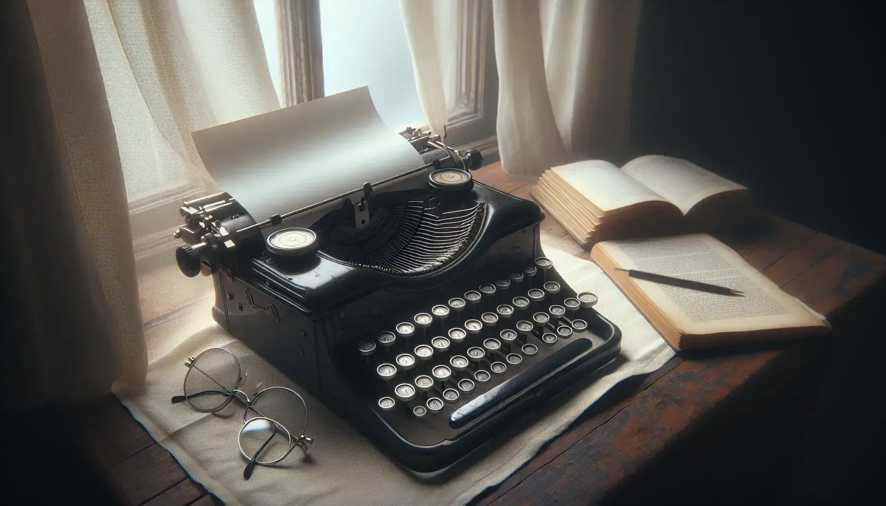 Macchina da scrivere vintage nera con tasti bianchi su tavolo in legno, accanto a libro aperto e occhiali con montatura sottile, vicino a finestra con tende leggere.