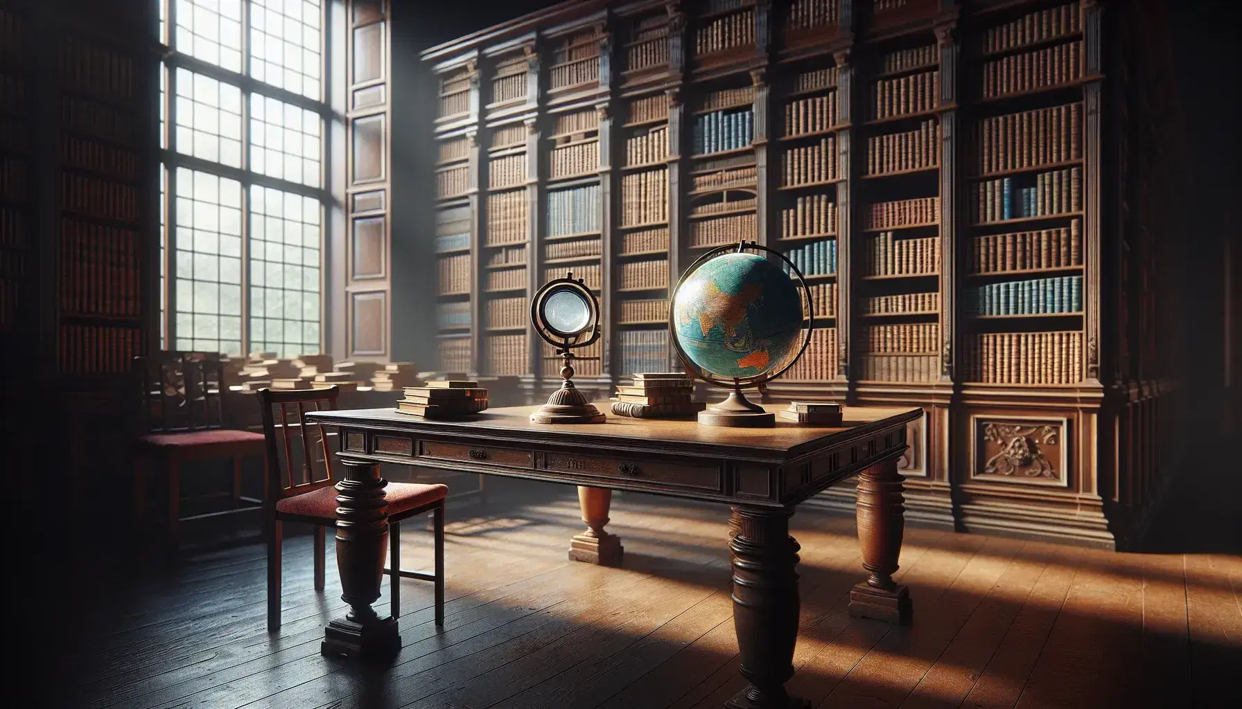 Biblioteca acogedora con estantes de madera oscura llenos de libros, mesa con globo terráqueo y lupa, iluminada por luz natural.