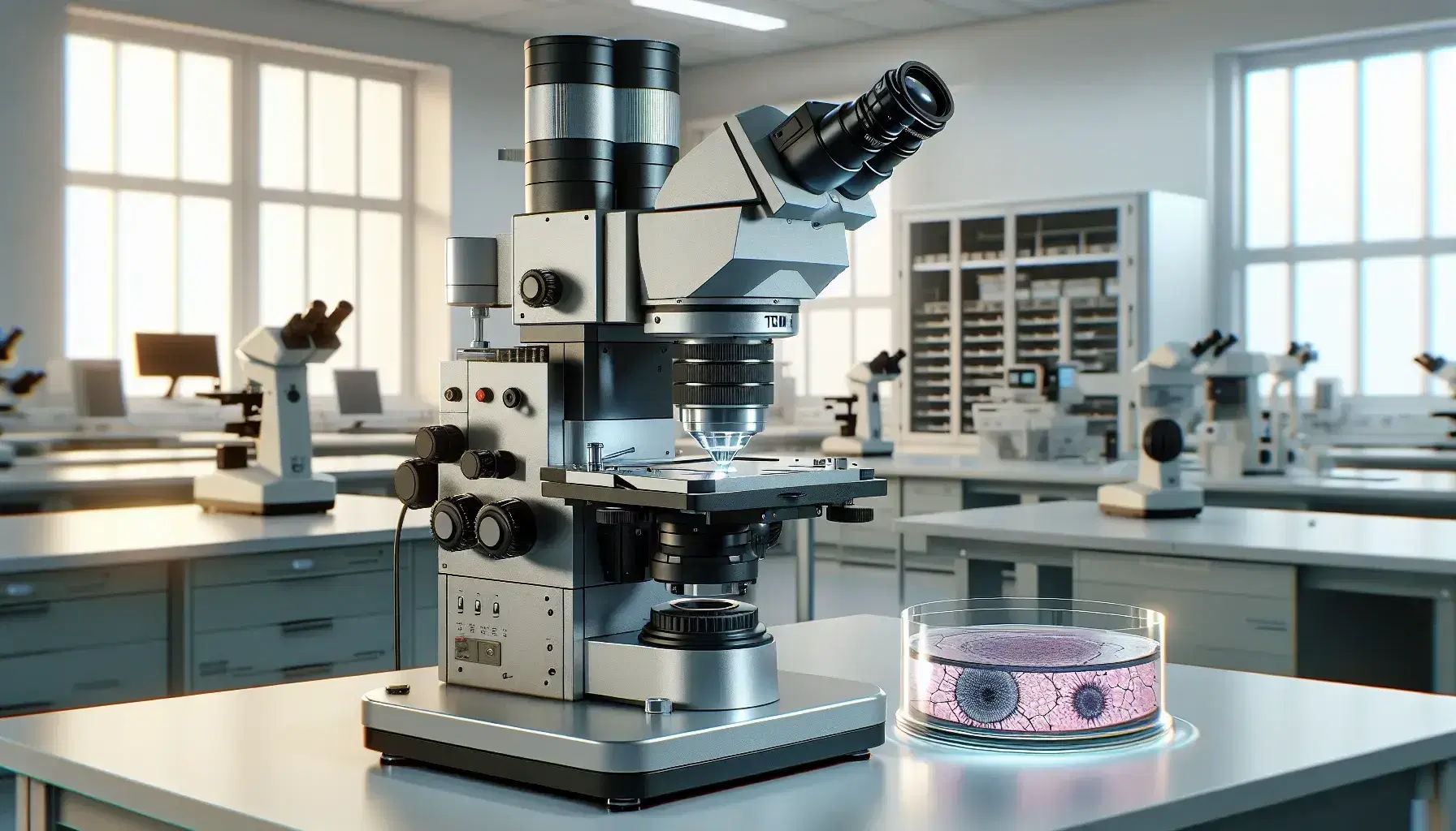 Microscopio elettronico a trasmissione di ultima generazione in laboratorio con campione biologico in petri pronto per analisi.