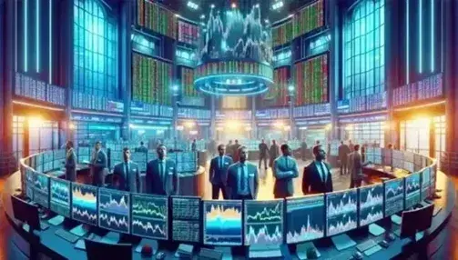 Gruppo di trader in borsa concentrati su schermi con grafici, in ambiente moderno con illuminazione artificiale.