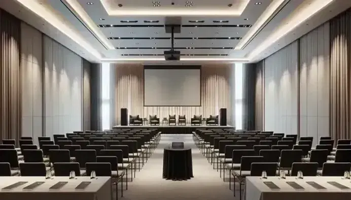Sala de conferencias vacía con sillas plegables negras, podio de madera y pantalla de proyección, iluminada por luz natural y artificial.