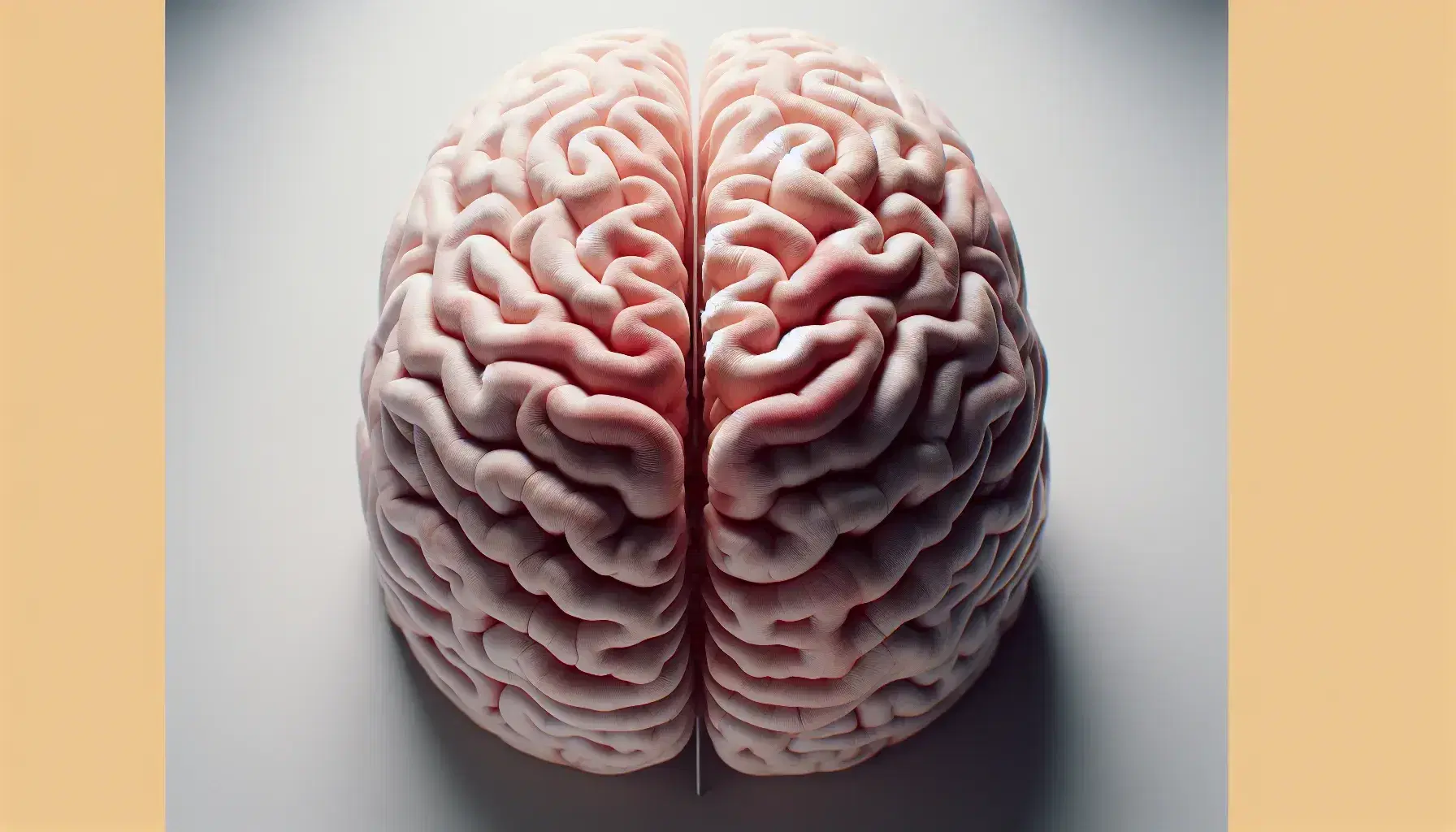 Vista superior de un modelo anatómico del cerebro humano, mostrando las dos hemisferios cerebrales y el tronco encefálico, con texturas y colores que simulan la materia gris y blanca.