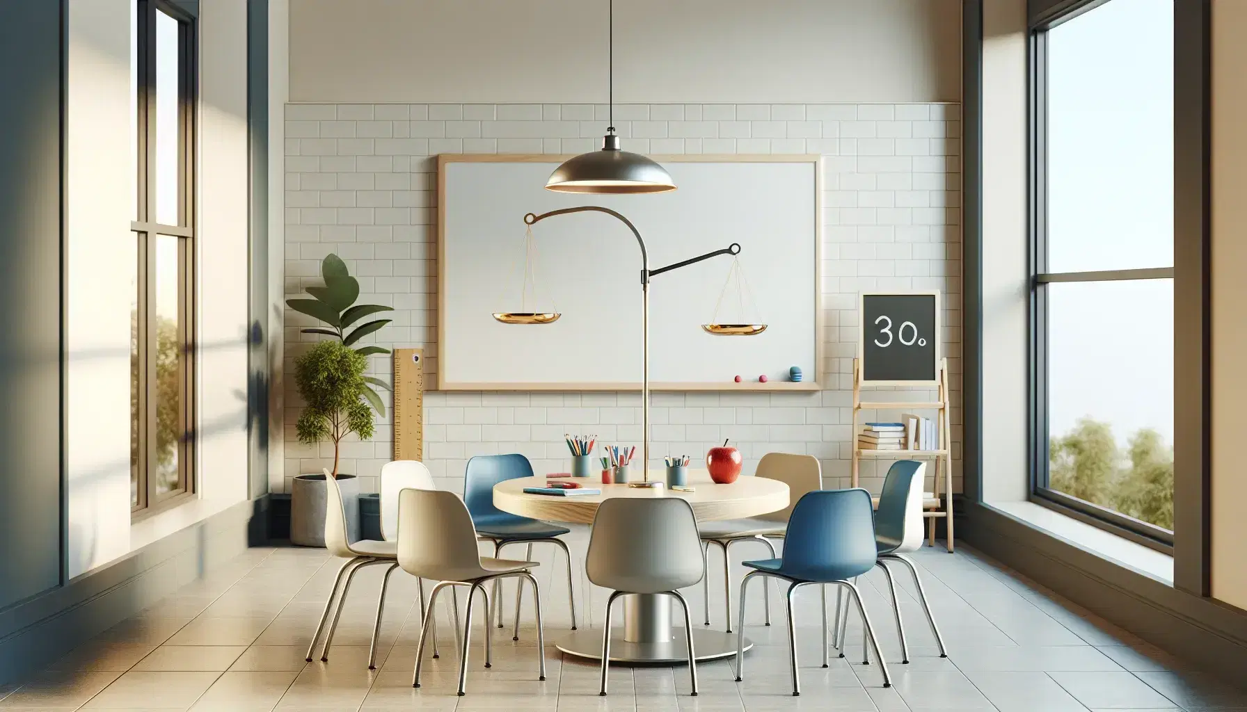 Aula escolar con mesa redonda de madera, sillas azules, balanza dorada, manzana roja y regla sobre la mesa, pizarra blanca con marcadores y planta verde al fondo.