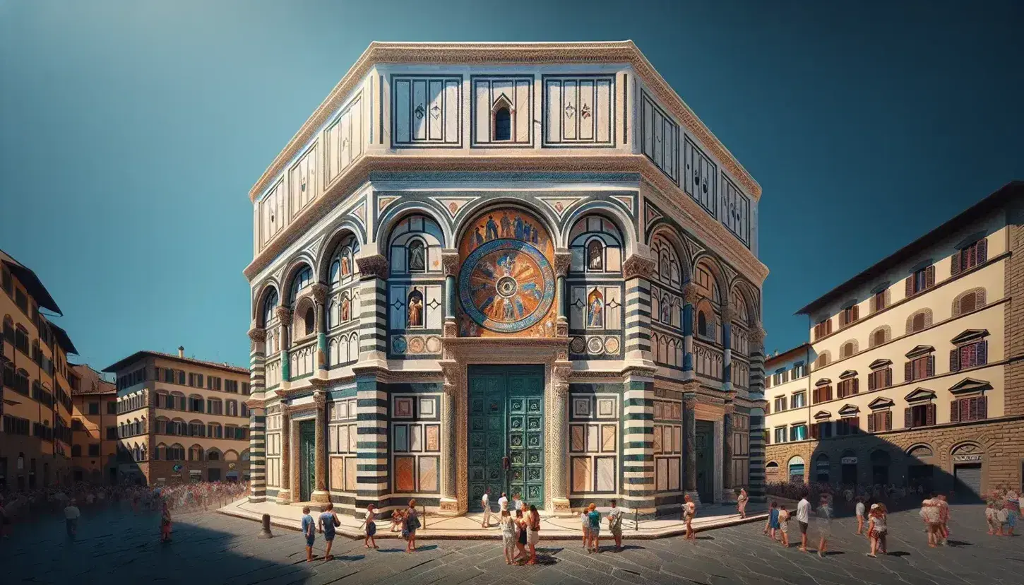 Vista frontale del Battistero di San Giovanni a Firenze con dettagli in marmo bianco e verde, porta in bronzo e mosaici, circondato da visitatori.