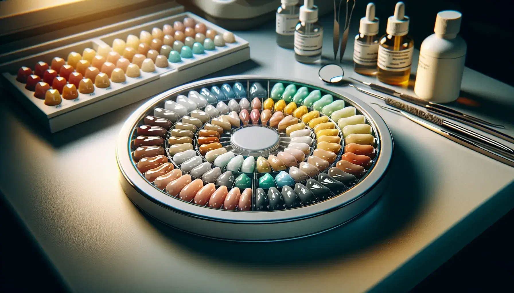 Palette di resine composite dentali colorate in cerchio, con tonalità che vanno dal bianco al marrone, in un laboratorio odontotecnico.