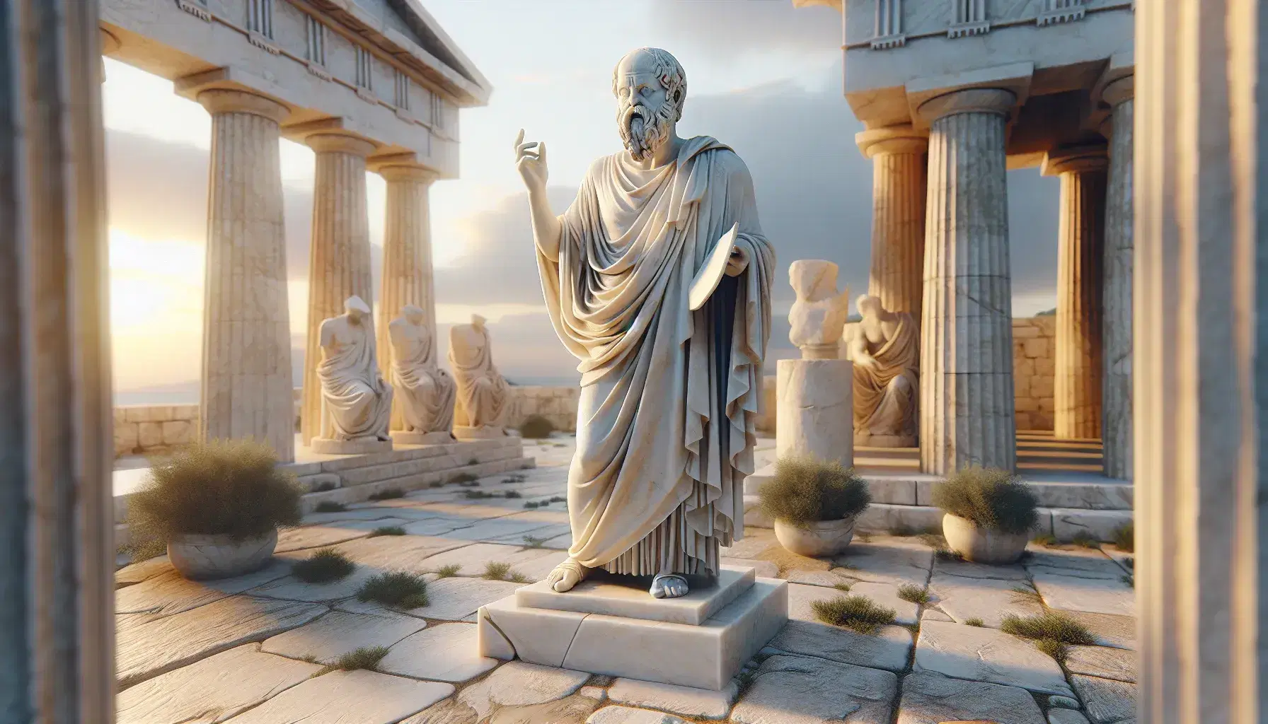 Estatua de mármol blanco de Sócrates debatiendo en la antigua Ágora ateniense, rodeado de columnas dóricas bajo una luz de atardecer con cielo azul y nubes dispersas.