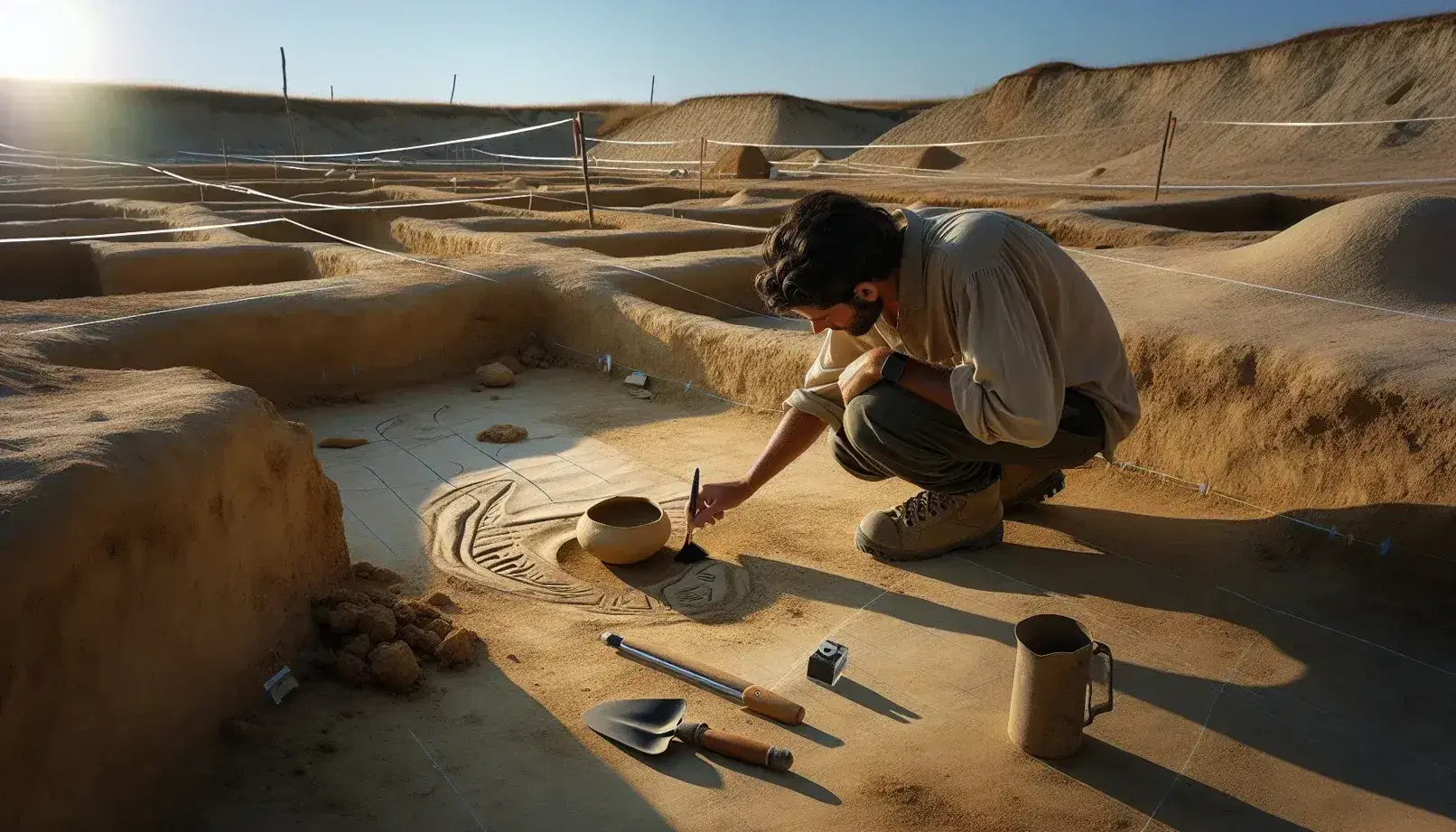 Arqueólogo agachado cepillando cuidadosamente una pieza de cerámica antigua en un sitio de excavación con suelo marrón claro y cielo azul despejado.