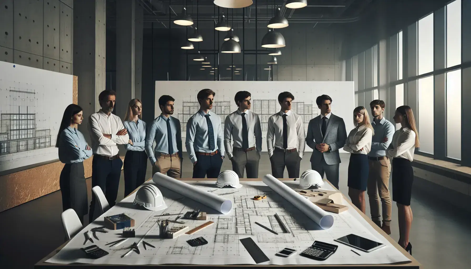 Gruppo di ingegneri professionisti discute progetti su un tavolo con caschi, disegni tecnici e strumenti di misura, in un ambiente illuminato e formale.