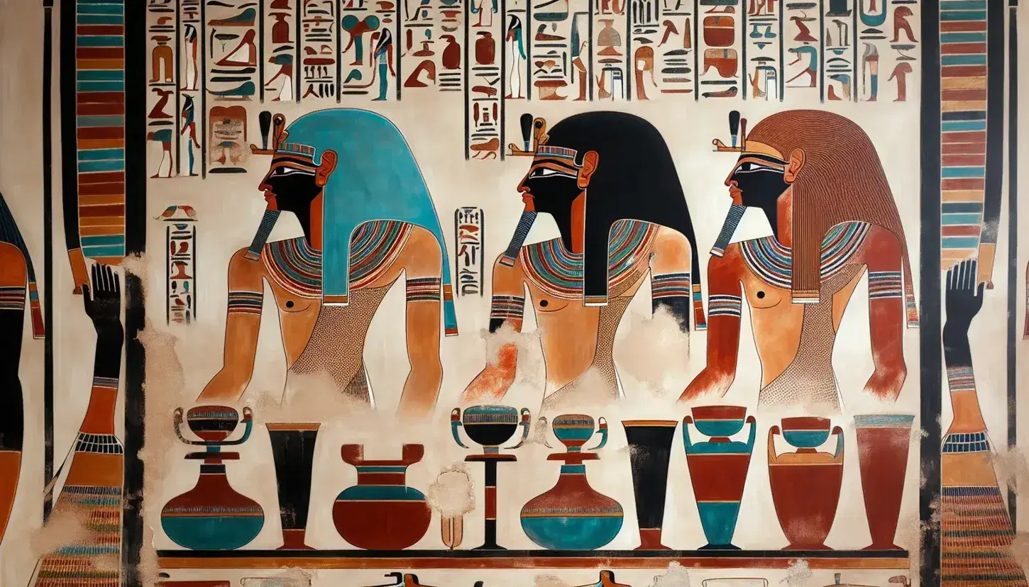 Ancient Egyptian painting with three figures in traditional clothing and offerings, flanked by a stone statue, on display in a museum.