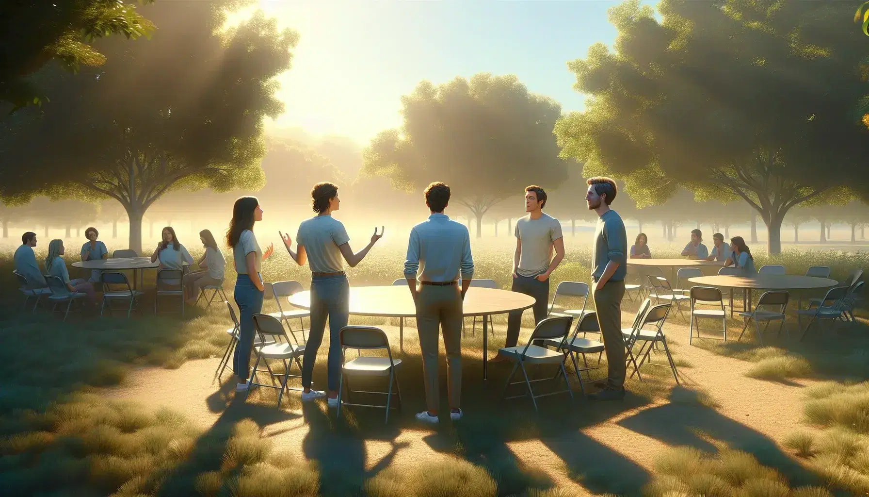 Grupo de cuatro personas conversando de pie en un parque con árboles y cielo azul, junto a una mesa redonda con sillas vacías.