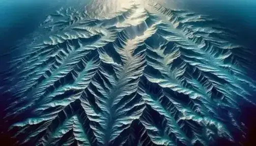 Vista aérea de la dorsal mesoatlántica submarina con relieve montañoso serpenteante y gradiente de azules que indican profundidad.