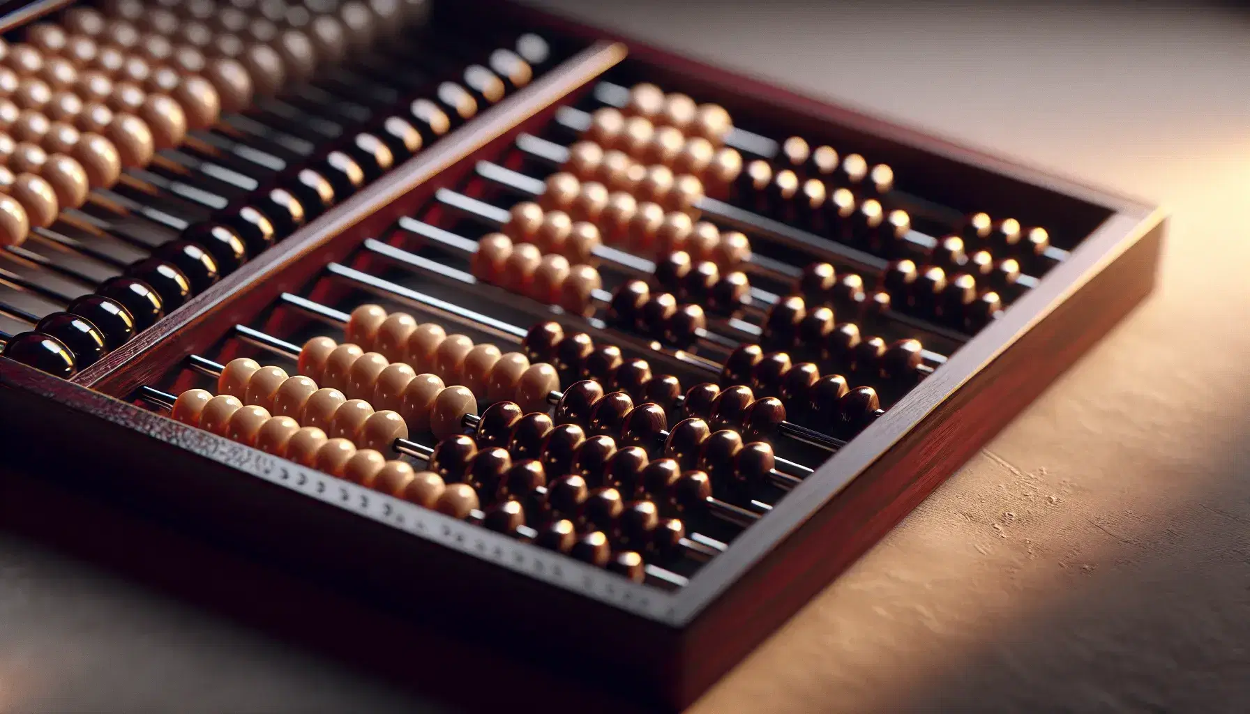 Close-up view of a traditional wooden abacus with ivory-colored beads, ten per rod, separated by a central divider, in soft lighting.