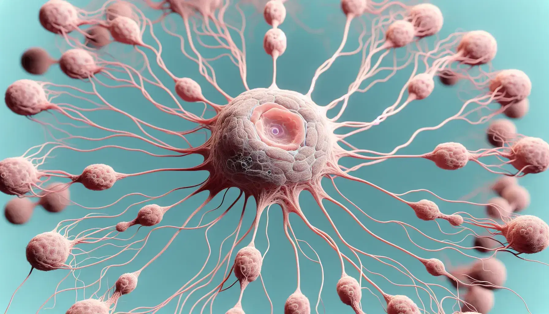 Vista microscópica de células nerviosas interconectadas con extensiones filamentosas y puntos de contacto en tonos rosados sobre fondo azul claro.