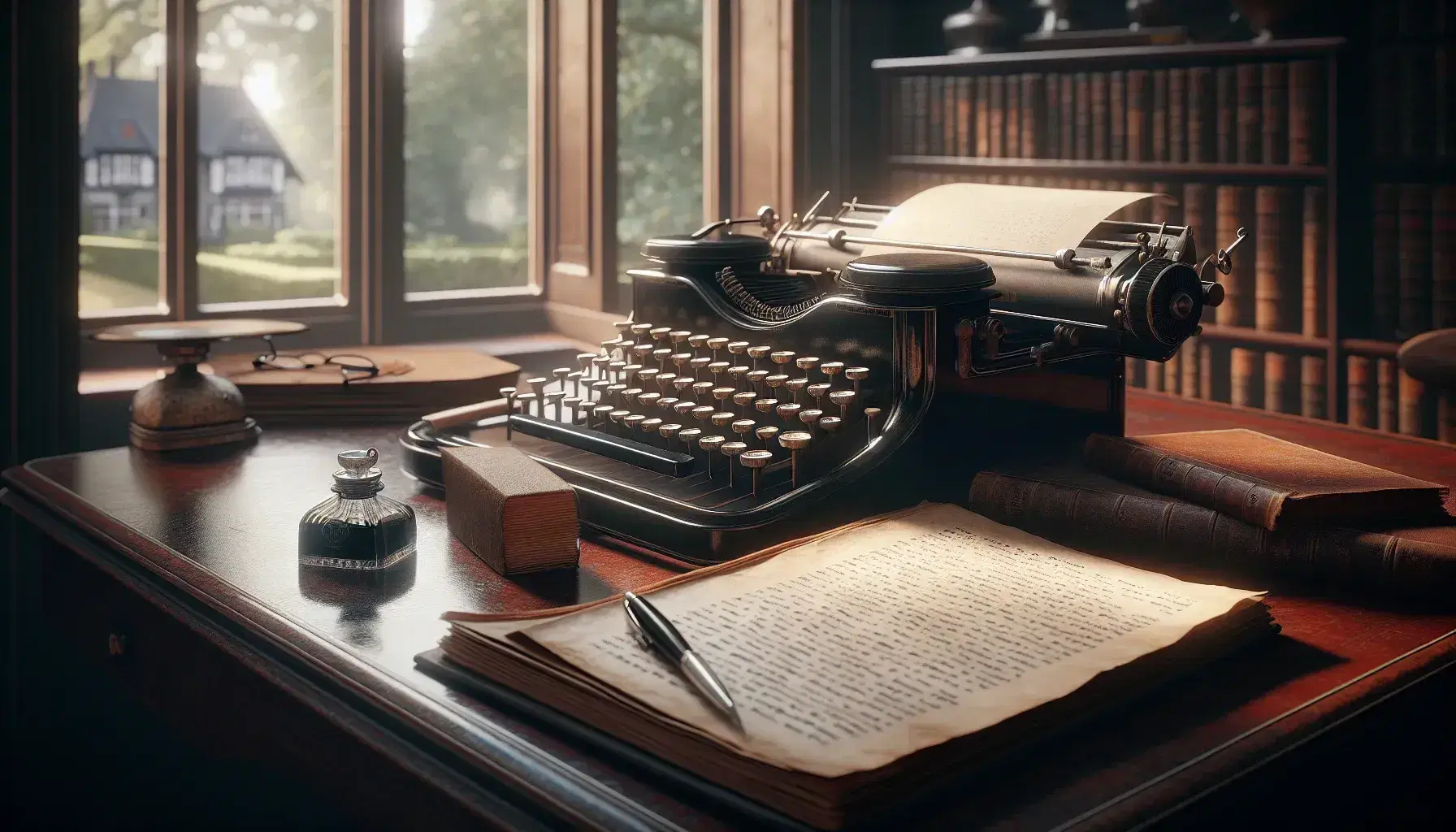Scrivania in legno scuro con macchina da scrivere vintage, calamaio d'argento, carta ingiallita, libro in pelle e occhiali antichi, sfondo di giardino sfocato.