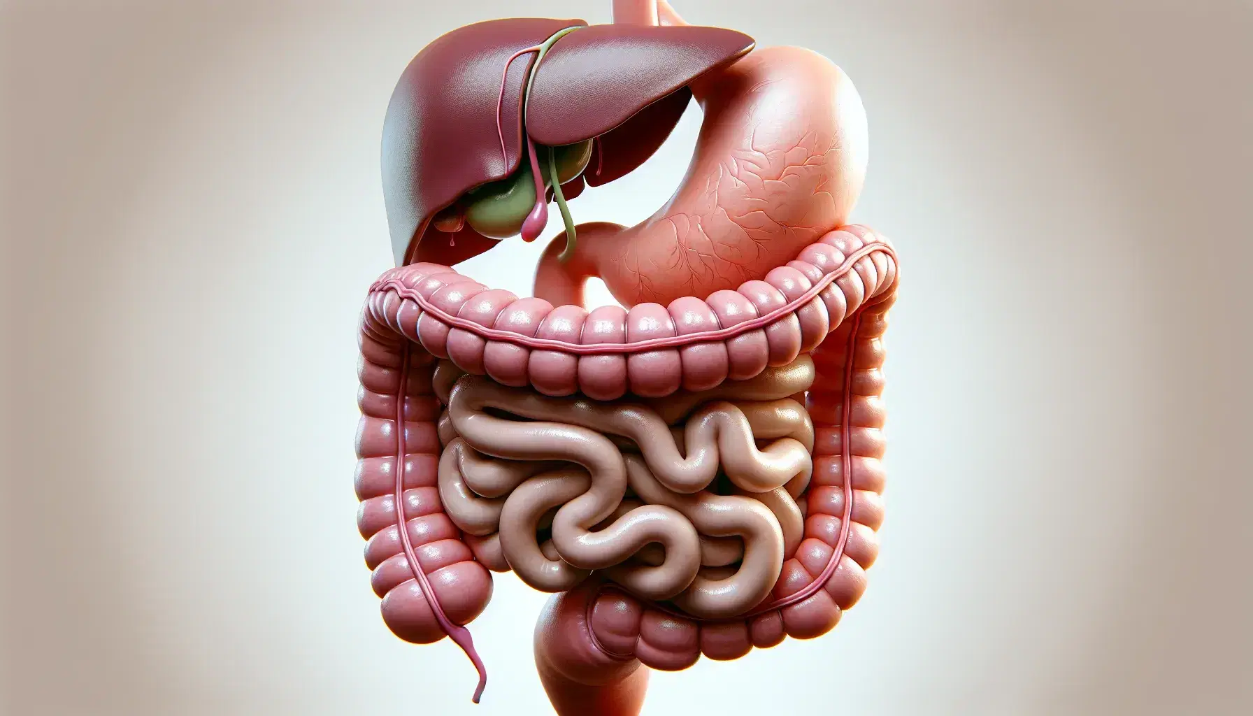 Illustrazione dettagliata del sistema digestivo umano con stomaco rosa chiaro, intestino tenue ondulato, fegato marrone-rosso, cistifellea verde, pancreas grigio-rosa e intestino crasso.