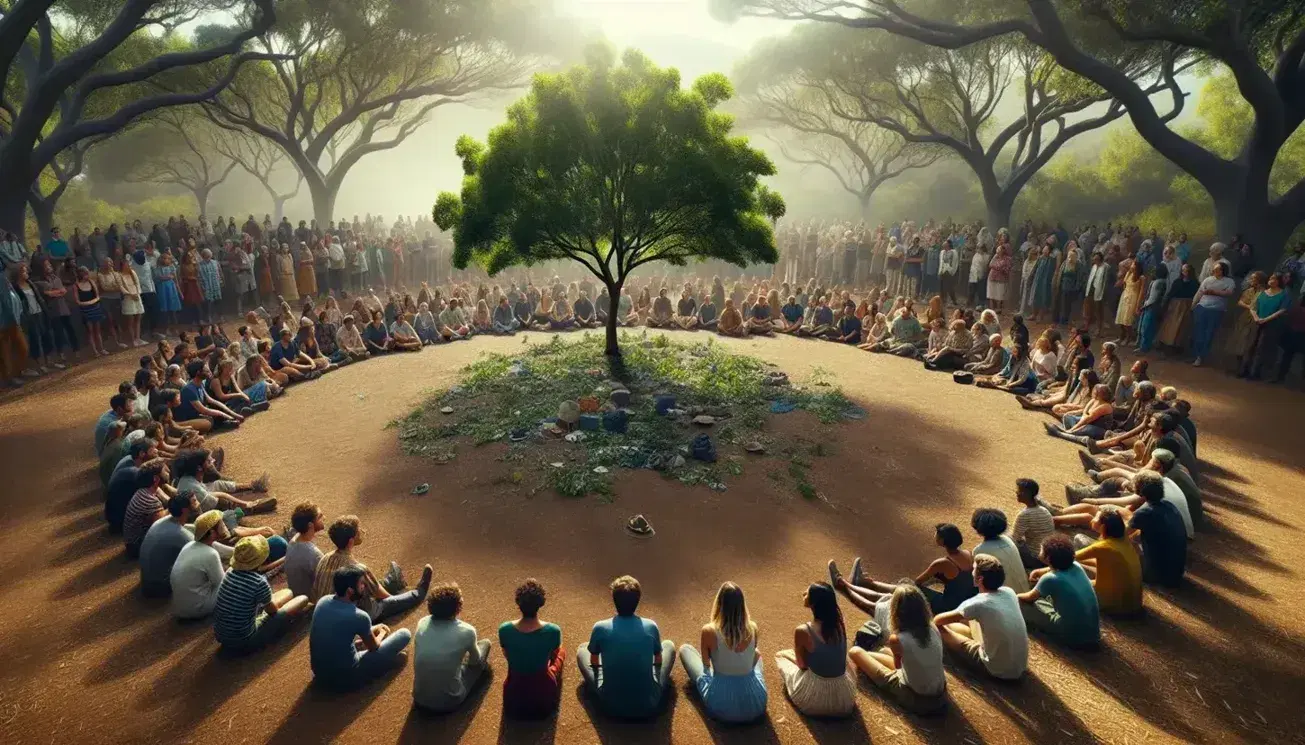 Círculo de personas diversas sentadas en la tierra bajo un árbol frondoso, comunicándose y meditando en un entorno natural sin tecnología.