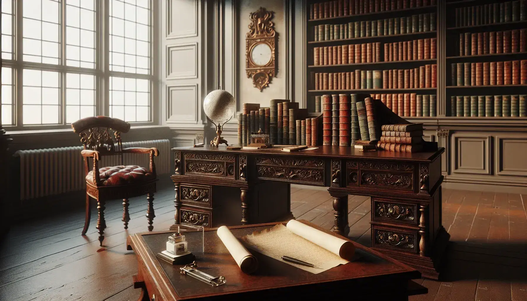 Oficina antigua con escritorio de madera, libros encuadernados en cuero, tintero de porcelana y globo terráqueo sobre base de madera, iluminada por luz natural.