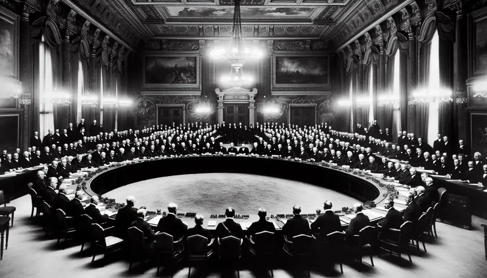 Riunione di leader storici attorno a un tavolo ovale in una sala conferenze elegante, con abiti formali e illuminazione da candelabri.