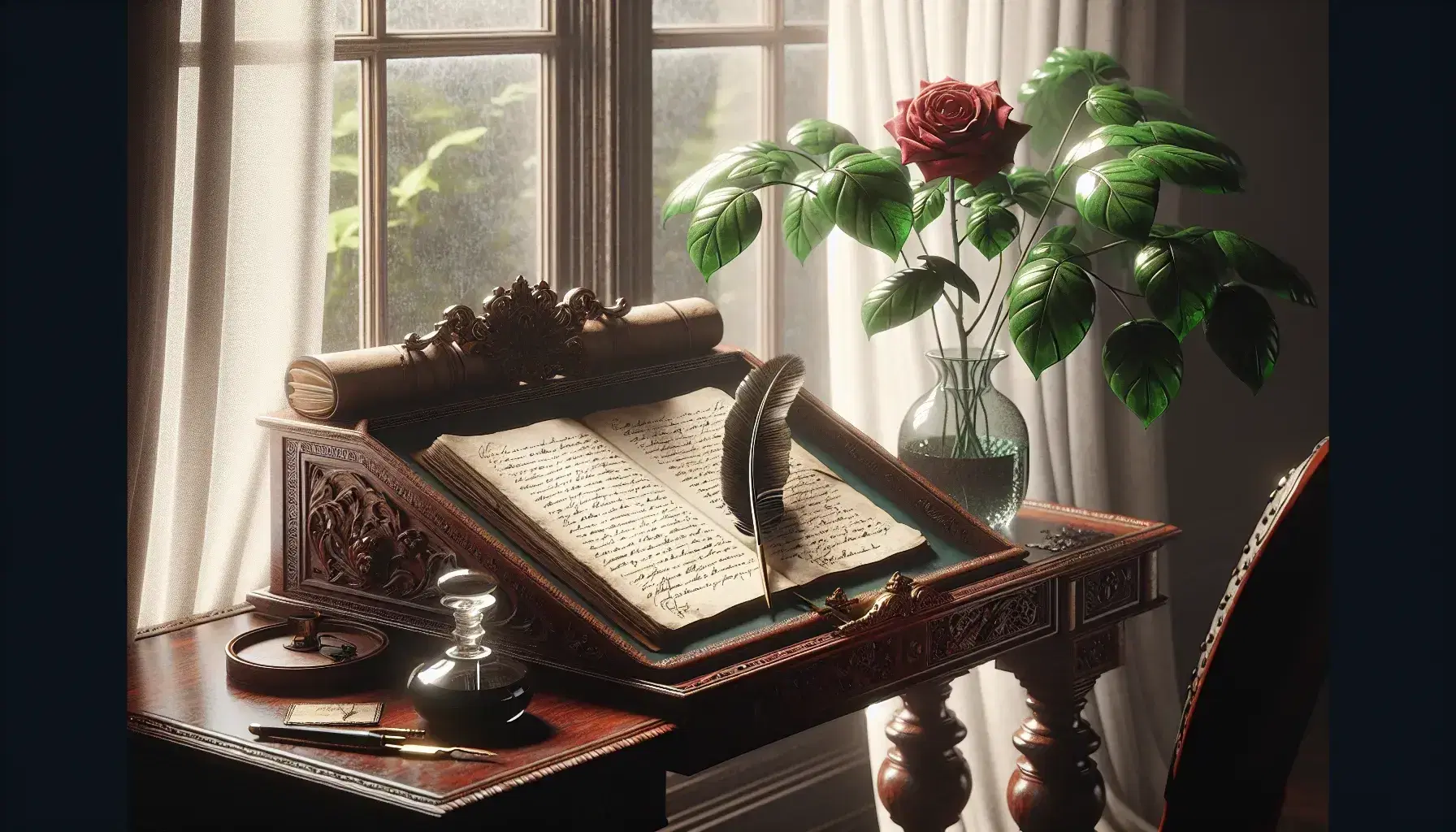 Victorian writing desk with open journal, quill pen, and inkwell by a window with sheer curtains, a potted plant, and a red rose in a vase.