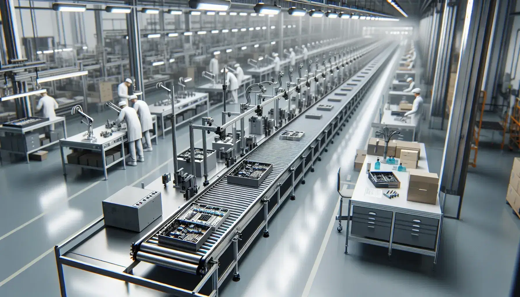 Línea de producción en fábrica con cinta transportadora gris y componentes electrónicos, trabajadores con batas y cascos manipulando herramientas.