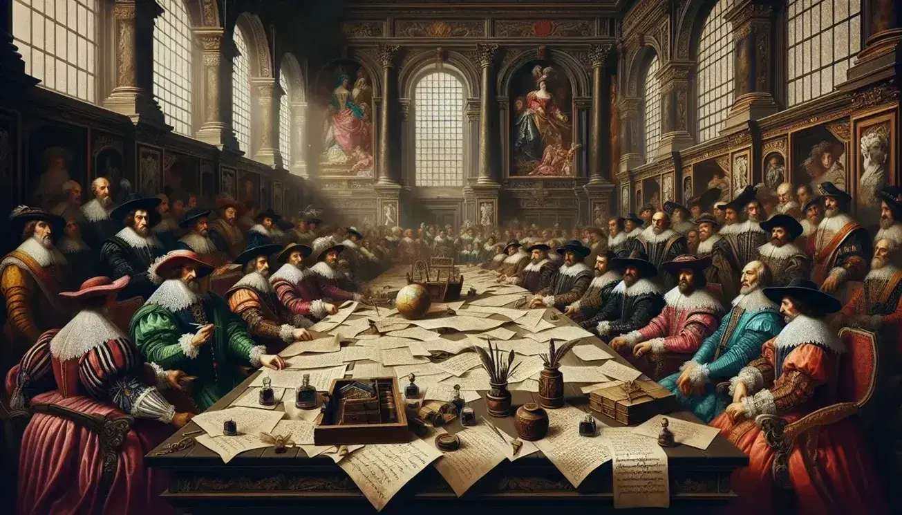 Riunione di personaggi in costumi d'epoca attorno a un tavolo ricco di documenti e oggetti d'ufficio in una sala storica illuminata naturalmente.