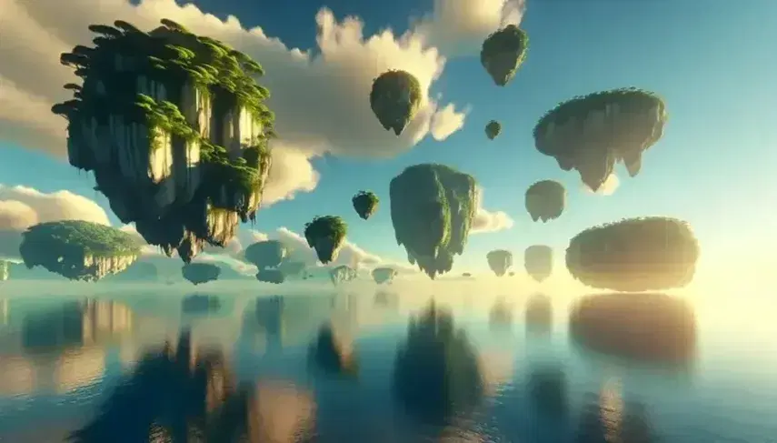 Serene landscape with floating islands, lush greenery and rocks, reflected in a calm ocean under a blue sky and golden sun.